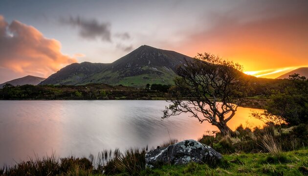 Serene landscape of Llyn Nantlle Uchaf at sunset with mountainous backdrop