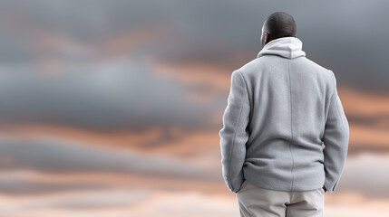Solitary Contemplation: A person stands alone, gazing towards a clouded sky, enveloped in a moment of deep thought and introspection. 