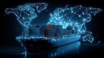 A digital ship navigating the digital world, it shows global trade and commerce concepts.  ..Created with Generative AI, not depicting real subjects.