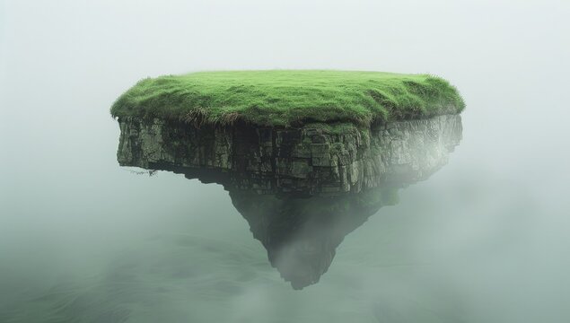 A floating island covered in lush green grass, surrounded by misty clouds and calm waters