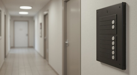 Modern intercom panel with doorbell buttons in a building hallway. Security and access control system. Empty corridor with a blurred background.