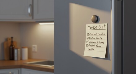 A to-do list on a sticky note attached to a refrigerator door. Daily planning, organization, and productivity concept. Copy space.