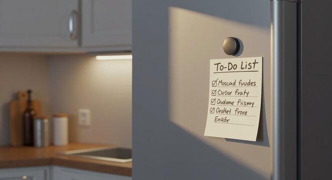 A to-do list on a sticky note attached to a refrigerator door. Daily planning, organization, and productivity concept. Copy space. - Powered by Adobe