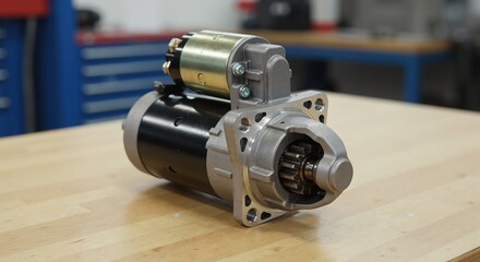 A new automotive starter motor on a wooden workbench in a garage. Car engine replacement part for vehicle repair and maintenance.