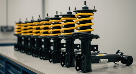 A row of new car shock absorbers with yellow coil springs. Automotive suspension parts on a factory assembly line. Vehicle manufacturing and performance tuning concept.