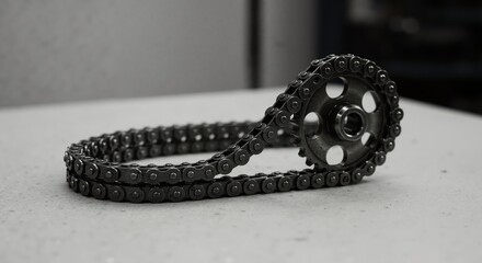 New engine timing chain and sprocket on a gray background. Automotive mechanical parts for car repair and service. Industrial machinery and engineering concept.