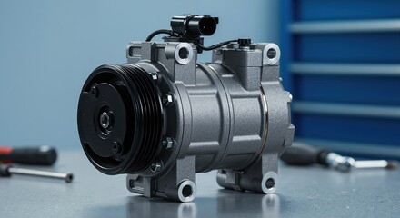New car air conditioning compressor on a workbench in a workshop. Automotive AC spare part for vehicle repair and service.