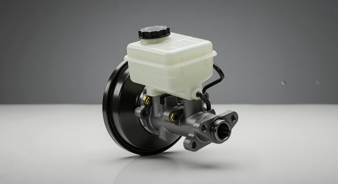 New automotive brake master cylinder and booster assembly. Isolated car spare part for vehicle repair and maintenance. Hydraulic braking system component on a gray background.