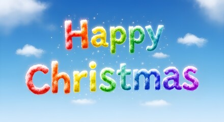 Happy Christmas text in colorful rainbow letters on blue sky background