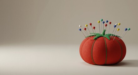 A classic red tomato pincushion with colorful sewing pins. Haberdashery tool for tailoring and crafts. DIY hobby concept with copy space.