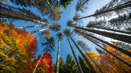 Beautiful autumn leaves blowing in the wind through a forest of pine trees and mountains