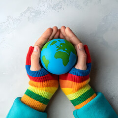 Global human hands carefully cradle and protect the blue and green earth, a symbol of environmental care and peace 