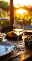 Fototapeta premium Elegant dining setup at sunset with wine glass and vibrant salads in the background