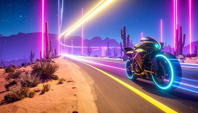 Sleek futuristic motorcycle with glowing wheels speeding through a neon-lit desert highway