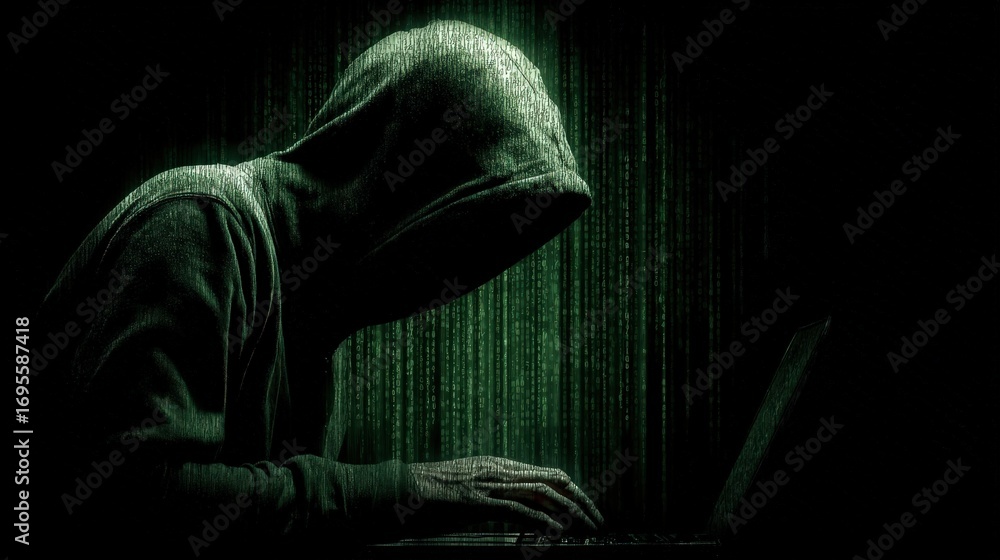 Poster the hacker's shadow: anonymity shrouds the silhouette of a hacker engrossed in their craft, bathed i