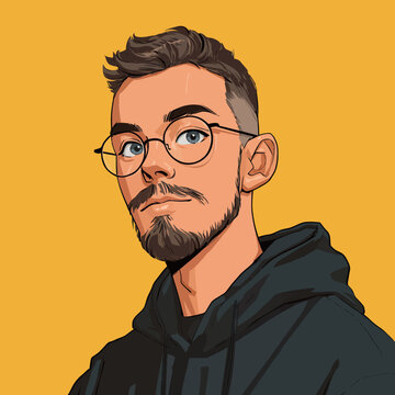 A young man with short hair and a beard wears round glasses and a black hoodie. He displays a confident expression, set against a bright yellow backdrop.