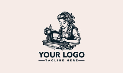 A woman with flowers in her hair is sewing at an antique sewing machine.