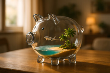 Transparent piggy bank containing tropical island with airplane, symbolizing saving money for travel, vacation, and financial planning for holidays.