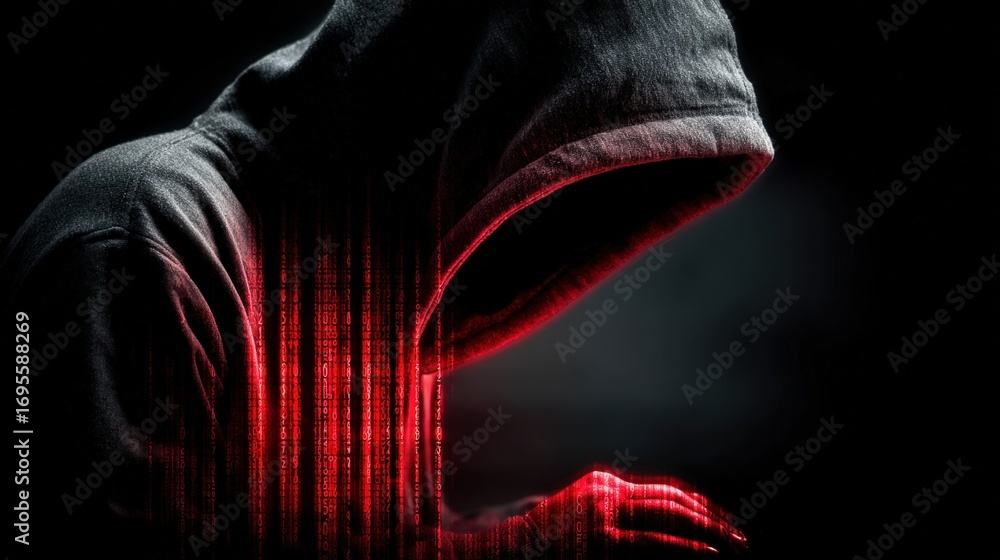 Poster digital shadow: silhouette of a hooded figure, illuminated by digital data streams, symbolizing the 