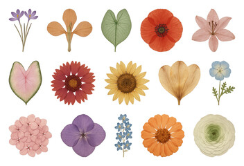 PNG Colorful pressed flower collection, element set on transparent background