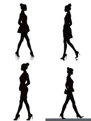 Four striking silhouettes display a variety of fashionable poses and outfits, capturing elegance and modern style with high heels and distinct postures.