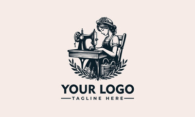 Obraz premium A vintage illustration of a woman focused on operating a sewing machine, crafting.