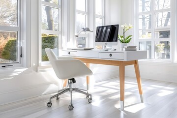Modern home office with white furniture and large windows illuminating workspace