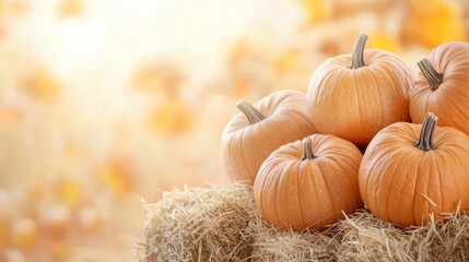 A soft-focus image of stacked pumpkins on a hay bale, surrounded by a warm autumn atmosphere, evoking seasonal harvest and festive cheer.