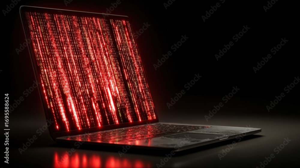 Poster red code rain: a modern laptop showcases a vibrant display of digital code raining down on its scree