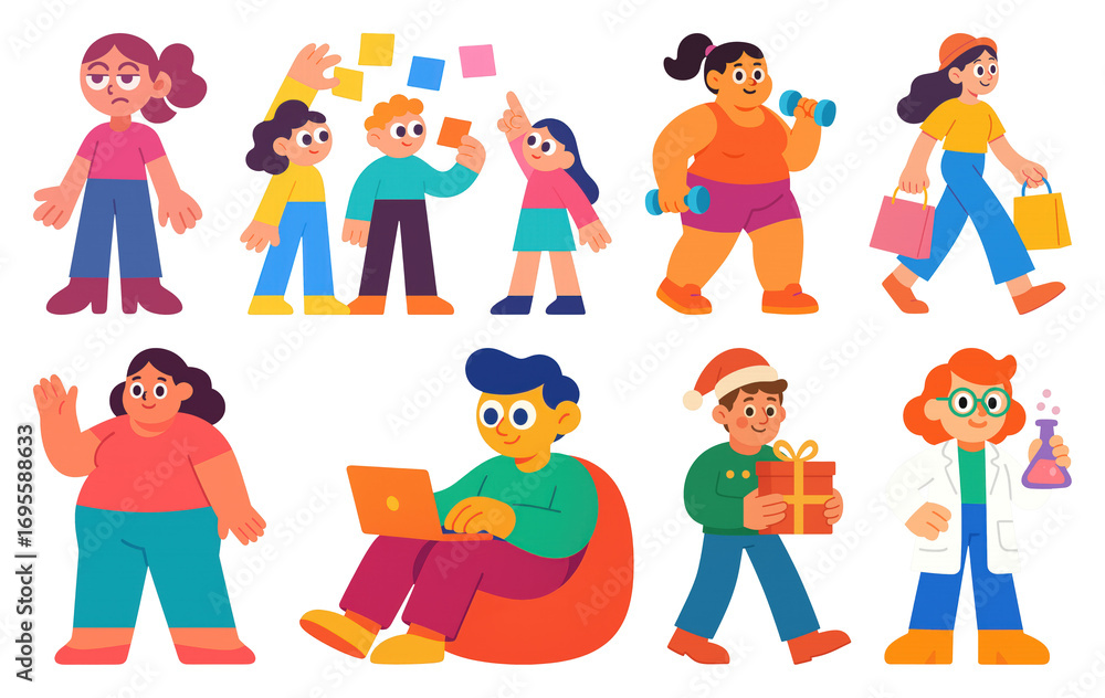 Poster png colorful cartoon characters in various activities, element set on transparent background