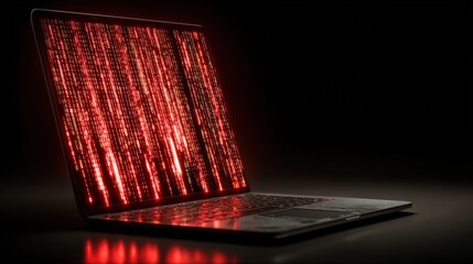 Red Code Rain: A modern laptop showcases a vibrant display of digital code raining down on its screen, symbolizing data processing, cybersecurity threats, or innovative technology. Generative Ai