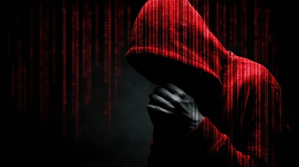 Mystery in Crimson: A cloaked figure, embodies anonymity and intrigue, their face obscured, and the ambiance of a digital downpour and sense of foreboding and mystique.  Generative Ai