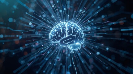 AI-Powered Brain. abstract background featuring a stylized human brain made of interconnected glowing circuits and lines of code. The brain is positioned in the center, radiating light outward