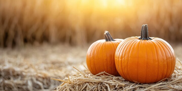 Two vibrant pumpkins sit on straw, illuminated by warm sunlight, evoking a cozy autumn atmosphere.