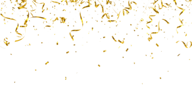 Small glittering golden ribbons raining softly, party celebration, transparent background