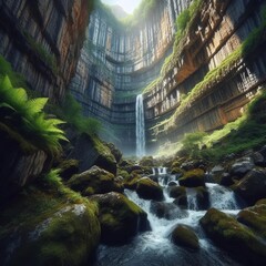 Fototapeta premium Wide Angle View of Craggy Cliffs and Sheer Rock Waterfall with F