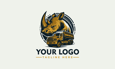 A stylized logo featuring a rhinoceros and a yellow dump truck, with text.
