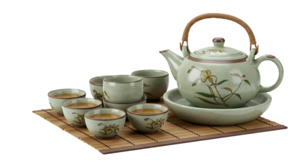 Traditional Asian tea set in muted earthy palette displayed on bamboo mat, transparent background