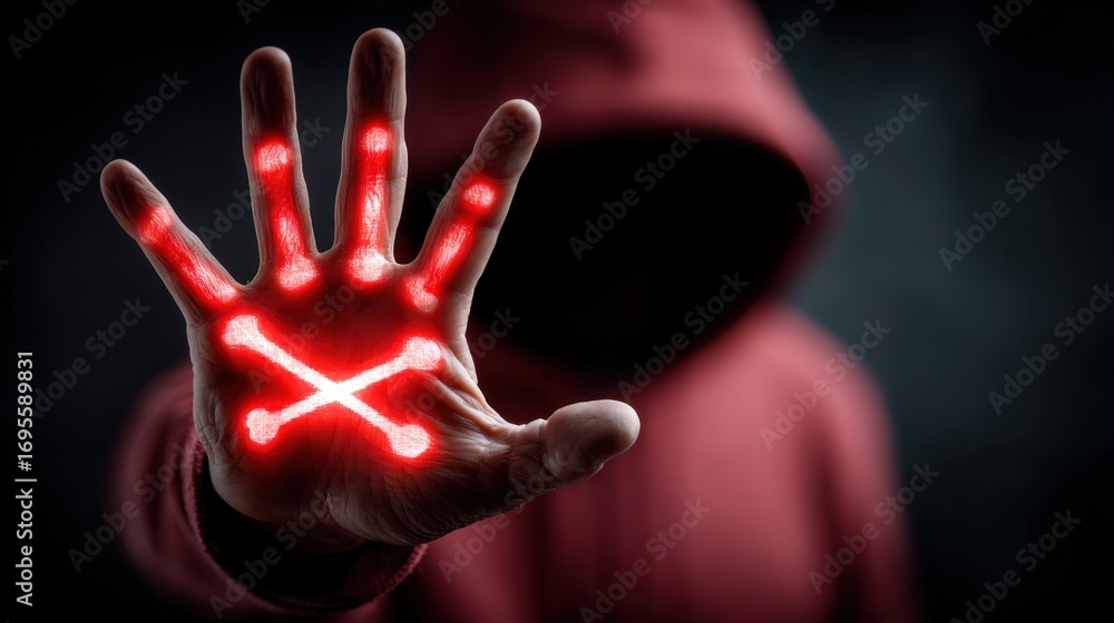 Poster cybersecurity warning: a digitally enhanced, striking image of a hand displaying a bold x symbol wit