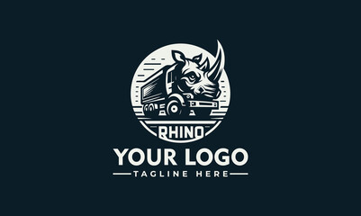 Logo design featuring a rhino head integrated with a dump truck, set against a circular backdrop.