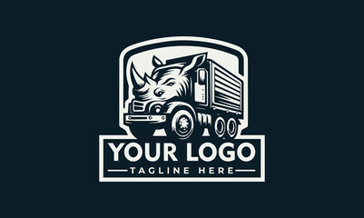 Logo design featuring a rhino head integrated with a dump truck, set against a circular backdrop. © nuaari