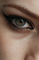 Obraz premium Close-up of green eye with winged eyeliner makeup