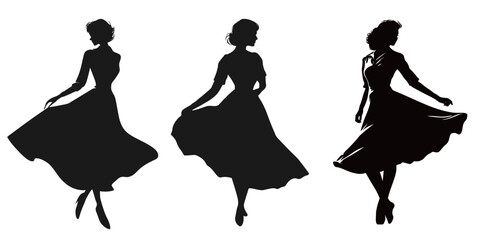 Three elegant silhouettes of women twirl gracefully in fashionable dresses, highlighting their dynamic postures and flowing fabrics against a plain background.