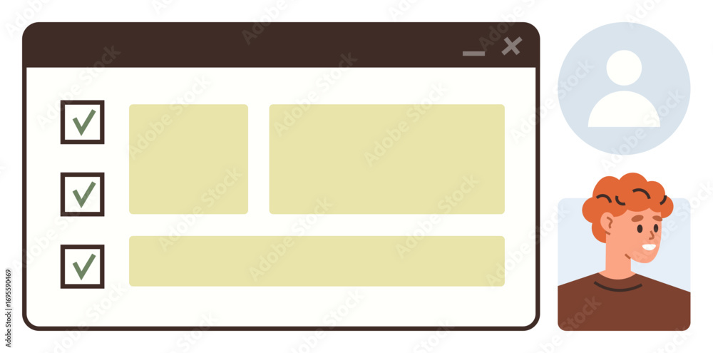 Poster task interface with checkboxes, list items, profile placeholder, user portrait. ideal for productivi