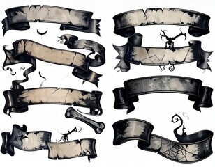 A collection of vintage distressed gothic banners and ribbons with spooky elements like spiderwebs, bones, and twisted branches, perfect for Halloween designs.