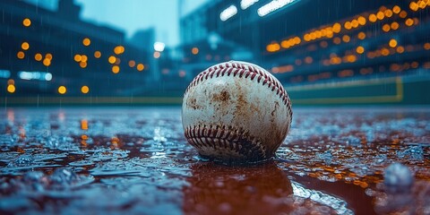 A baseball sits on a wet field under the lights during a rain shower.