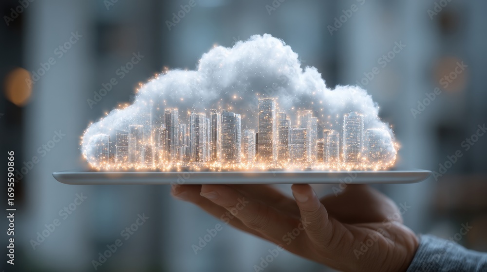 Poster cloud-based city: the image presents a modern concept of cloud computing, where a city skyline mater