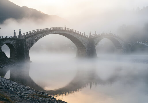 Misty morning view of stone arch bridge - Powered by Adobe