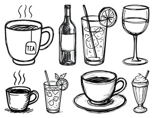 PNG Hand-drawn beverage illustrations collection, element set on transparent background
