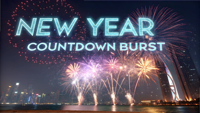 New Year Countdown Burst with Futuristic Digital Neon Text Over City Skyline Fireworks full hd 4k stock image download - Powered by Adobe